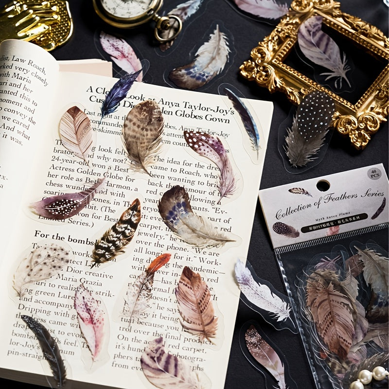 Artistic Feather Sticker Set - 40 Sheets of Stylish Journal Decorations