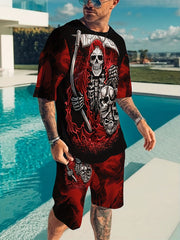 Skull Skeleton 3D Pattern Men's 2 Piece Outfits T-shirt & Shorts Set