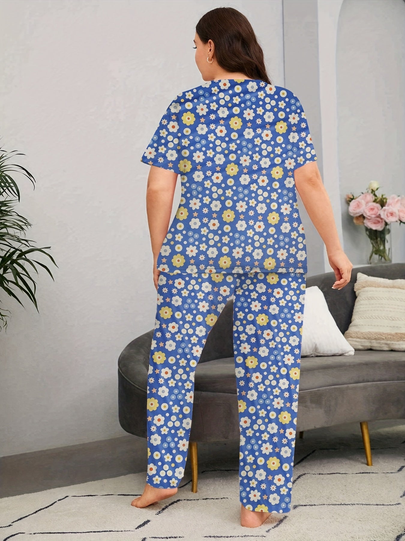 Floral Print Pajama Set Women's Short Sleeve Top & Pants