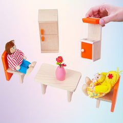 Wooden Dollhouse Furniture Set with Dolls Bedroom Accessories