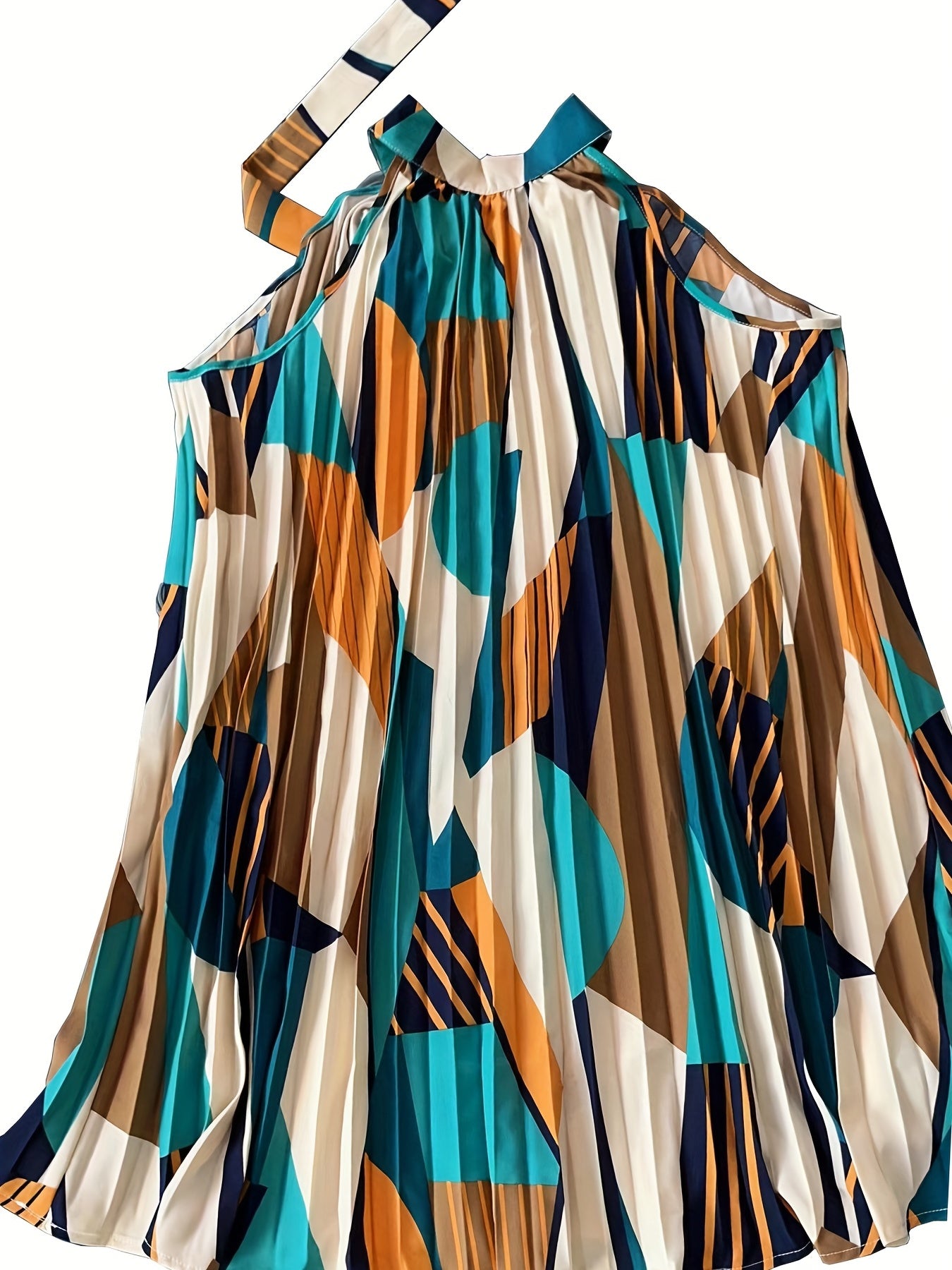 Geo Print Pleated Dress Tie Back Sleeveless Dress Women's Clothing