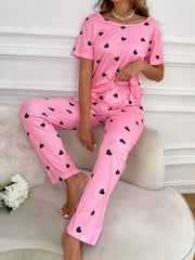 Heart Print Pink Pajamas Set Short Sleeve Top & Elastic Waistband Pants