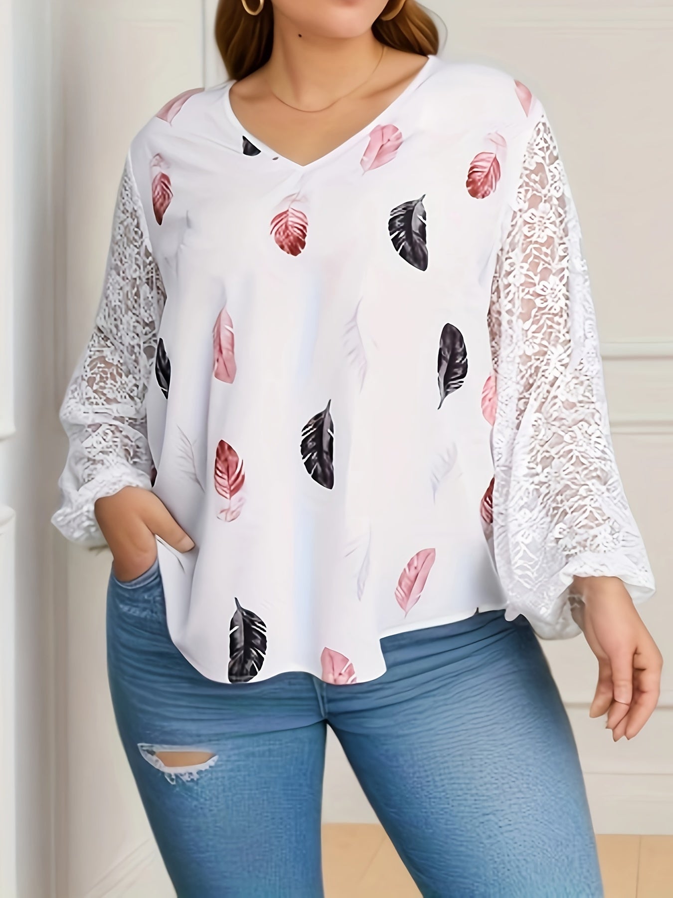 Casual Blouse Women's Plus Feather Print Lace Sleeve V Neck Top
