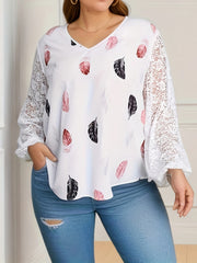 Casual Blouse Women's Plus Feather Print Lace Sleeve V Neck Top