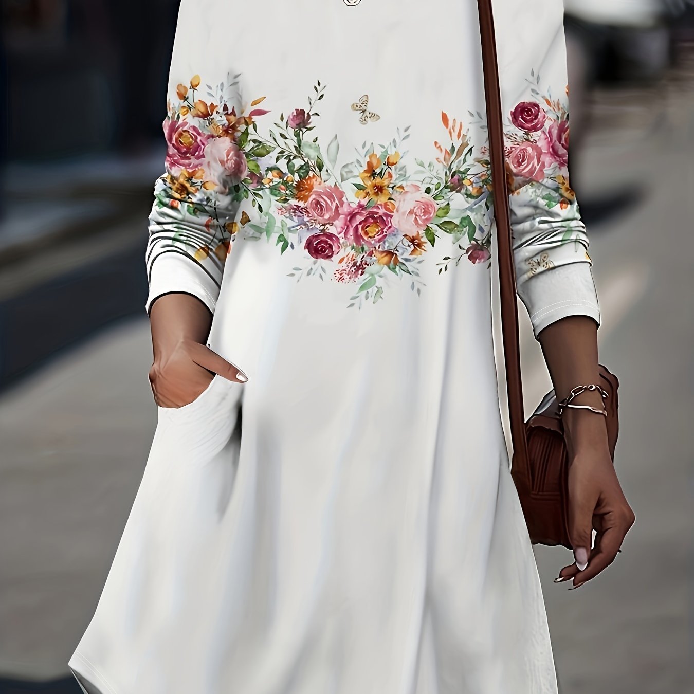 Floral Print Long Sleeve Round Neck Dress With Pockets