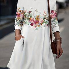 Floral Print Long Sleeve Round Neck Dress With Pockets