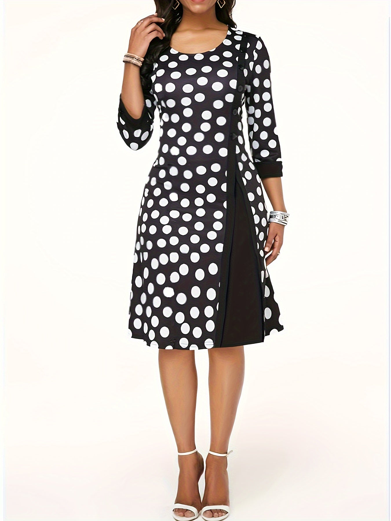 Colorblock Dot Print Round Neck Dress