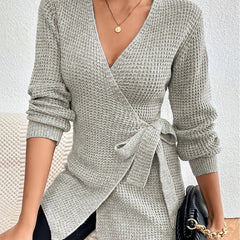 Casual Sweater Solid Long Sleeve Surplice Neck Knot Wrap