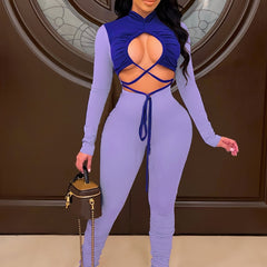 Solid Block Long Sleeve Bodycon Jumpsuit Hollow Jumpsuit