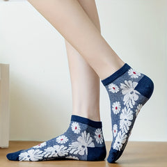 5 Pairs Floral Print Socks Retro Style Low Cut Ankle Socks for Women