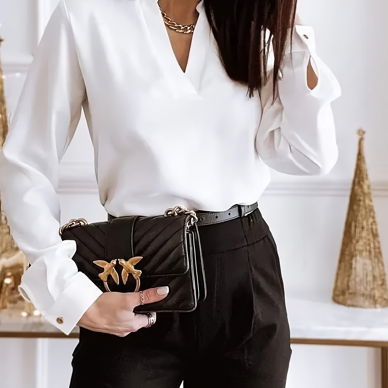 Blouse Women's Plus Solid Long Sleeve Notched Neck Workwear Top