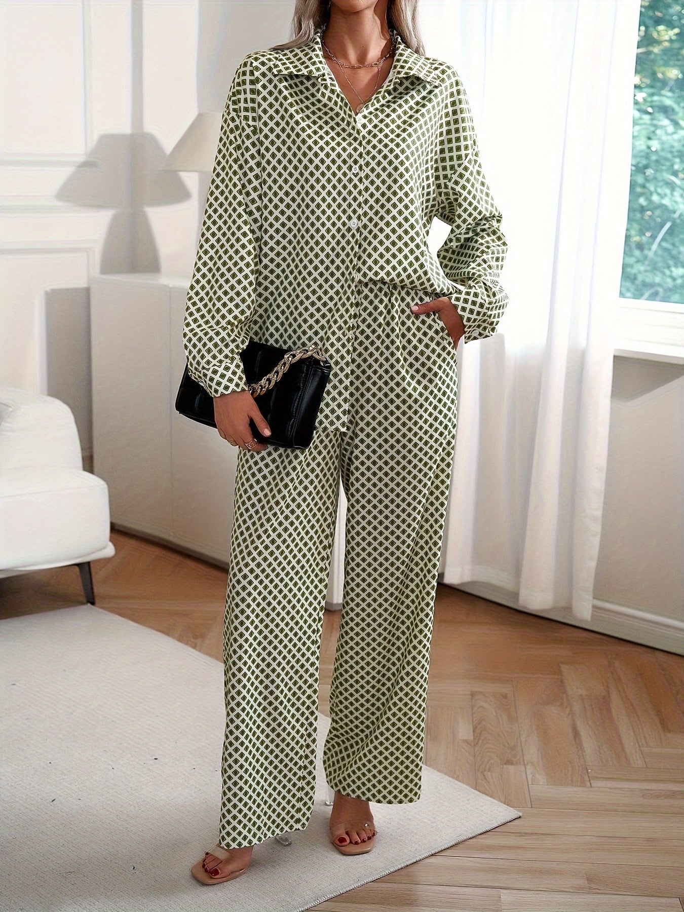 Argyle Print Blouse & Wide Leg Pants Set