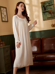 Solid Long Night Dress Court Style Long Sleeve Crew Neck Pajama Dress