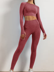 2pcs Women Solid Yoga Set Crop Long Sleeve Shirt & High Waist Leggings