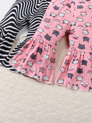 Baby Girls Water Ripple & Cartoon Cat Flared Trousers 2pcs