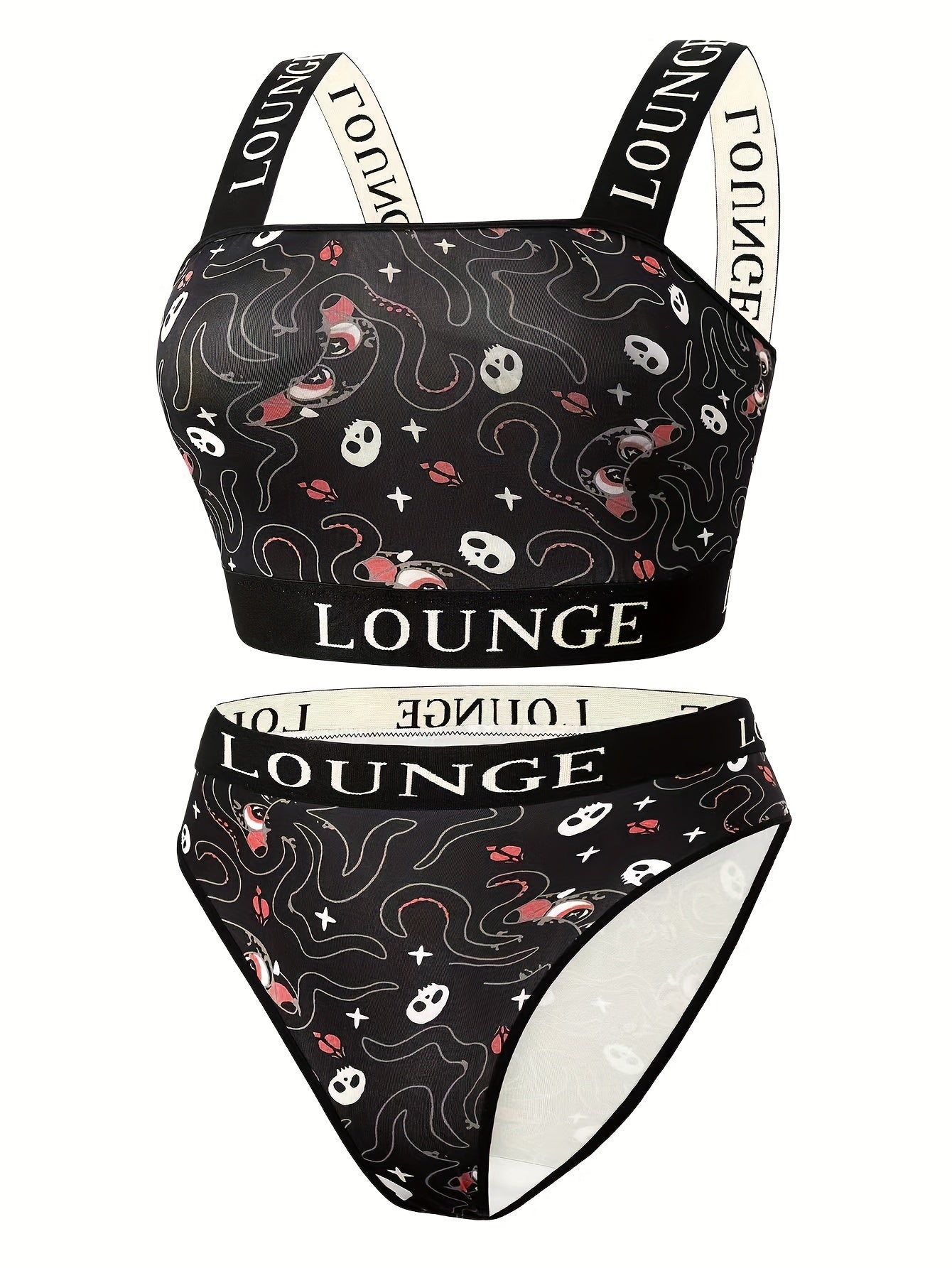 Gothic Halloween Underwear Set Octopus Skull Print Bra