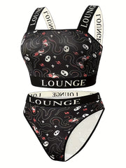Gothic Halloween Underwear Set Octopus Skull Print Bra