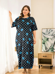Nightdress: Rose & Dot Print Round Neck Sleep Dress