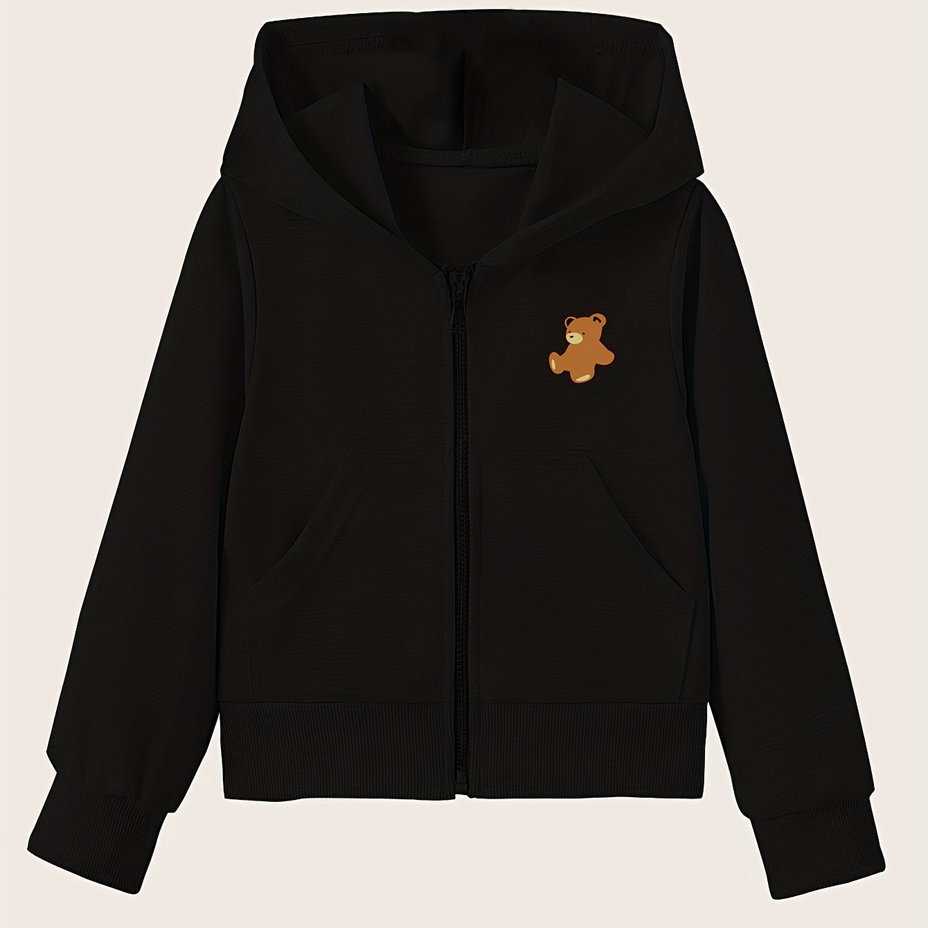 Girls' Bear Graphic Hoodie Zip-Up Sweatshirt with Pockets