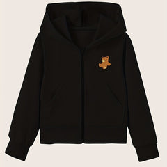 Girls' Bear Graphic Hoodie Zip-Up Sweatshirt with Pockets