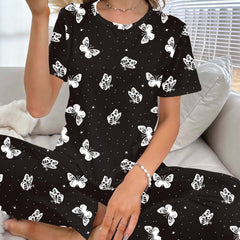 Butterfly Print Pajama Set Short Sleeve Top & Pants Women's Sleepwear