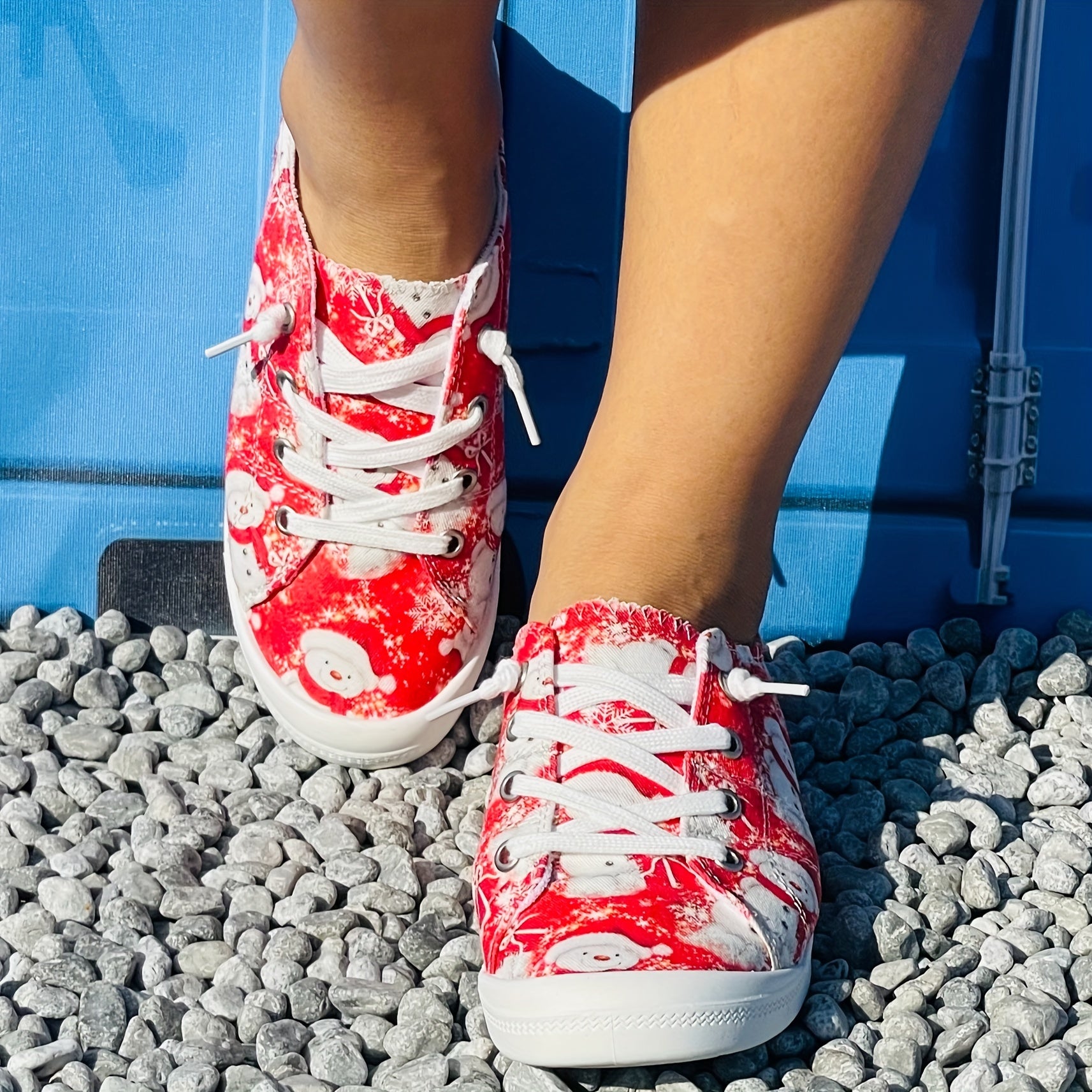 Christmas Canvas Shoes Round Toe Lace Up Flat Women's Shoes