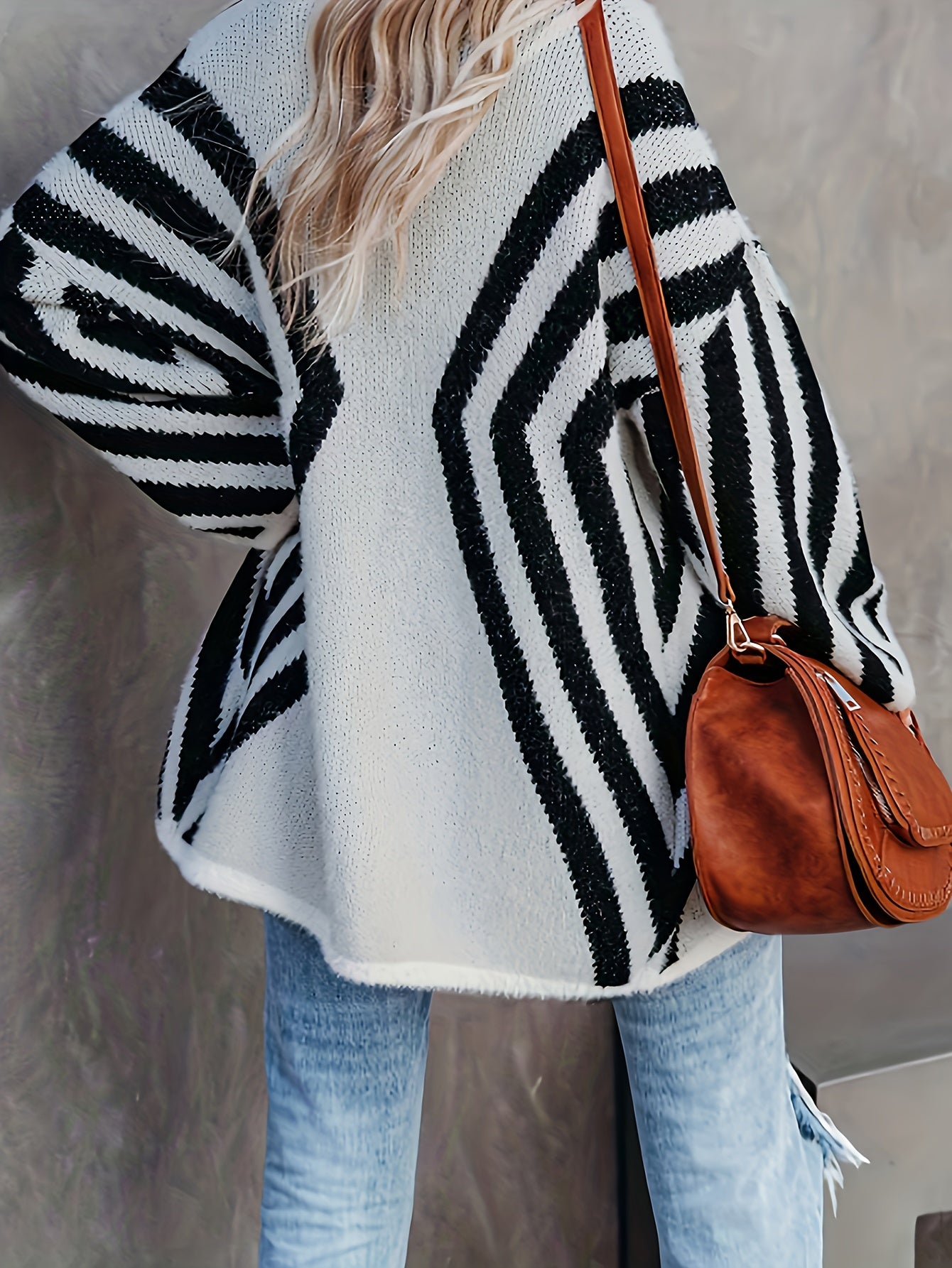 Casual Cardigan Women's Plus Stripe Print Long Sleeve Open Front