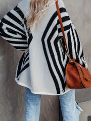 Casual Cardigan Women's Plus Stripe Print Long Sleeve Open Front