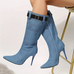 Women's Denim Stiletto Heeled Boots Side Zip Point Toe Long Buckle Strap Boots