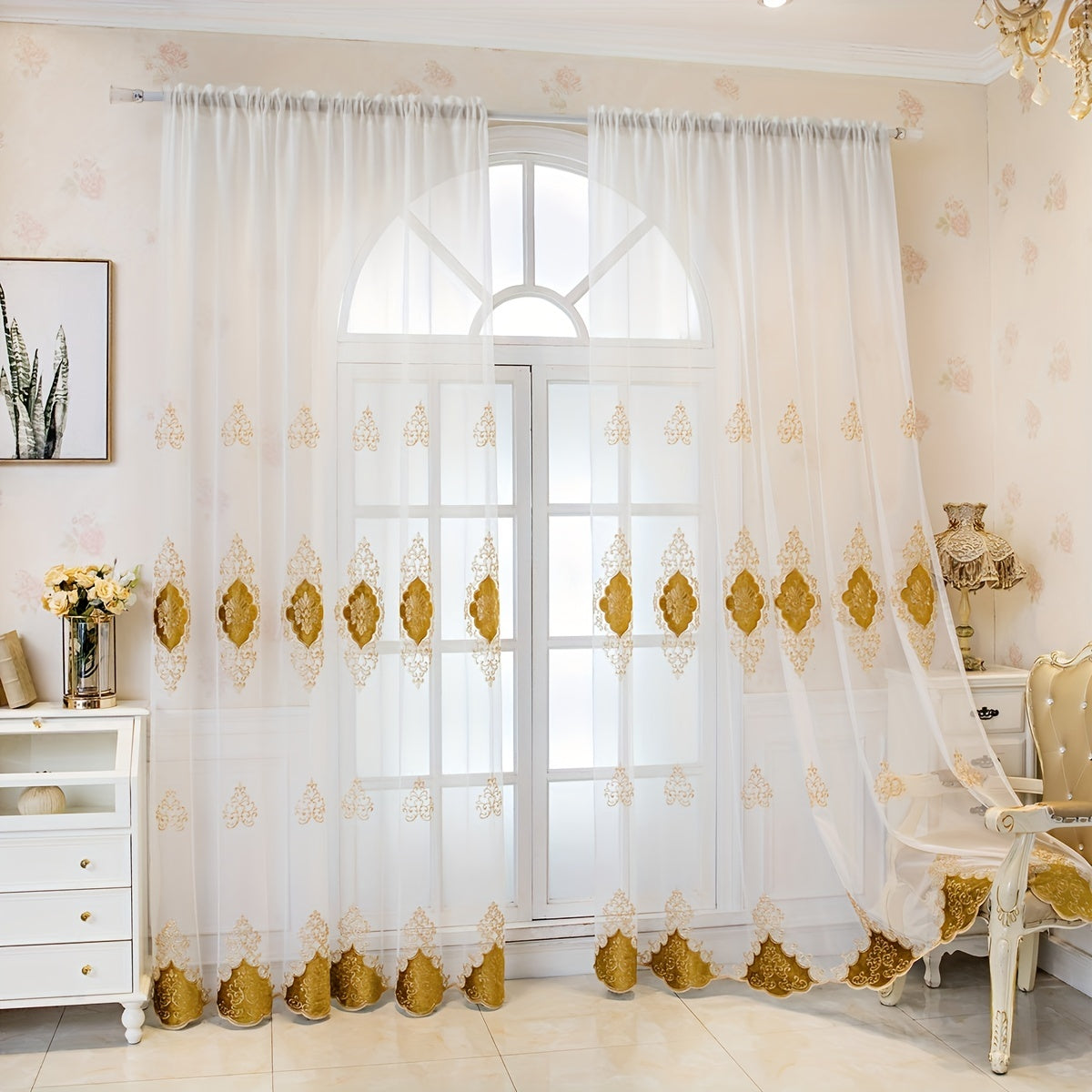 Geometric Pattern Embroidery Sheer Curtain for Home Decor