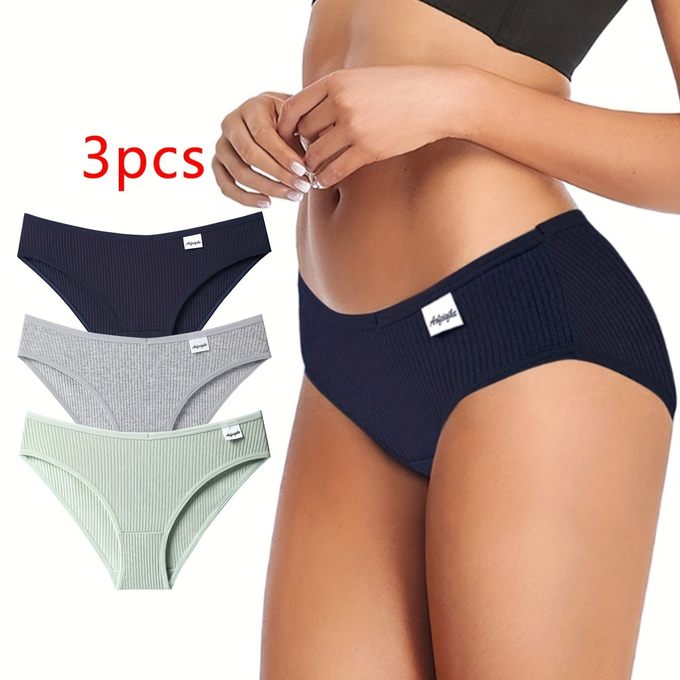3 Pcs Solid Ribbed Briefs Seamless Stretch Panties Women's Lingerie