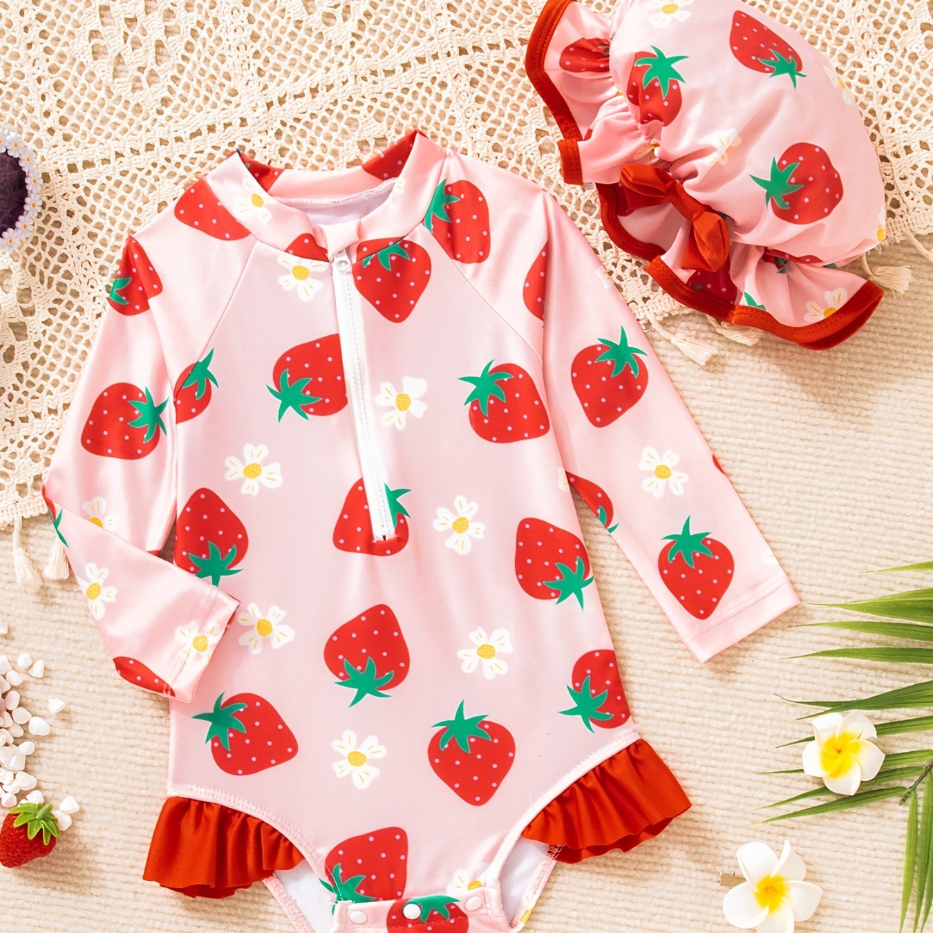 Girls Strawberry Print Swimsuit & Hat 2pcs Set