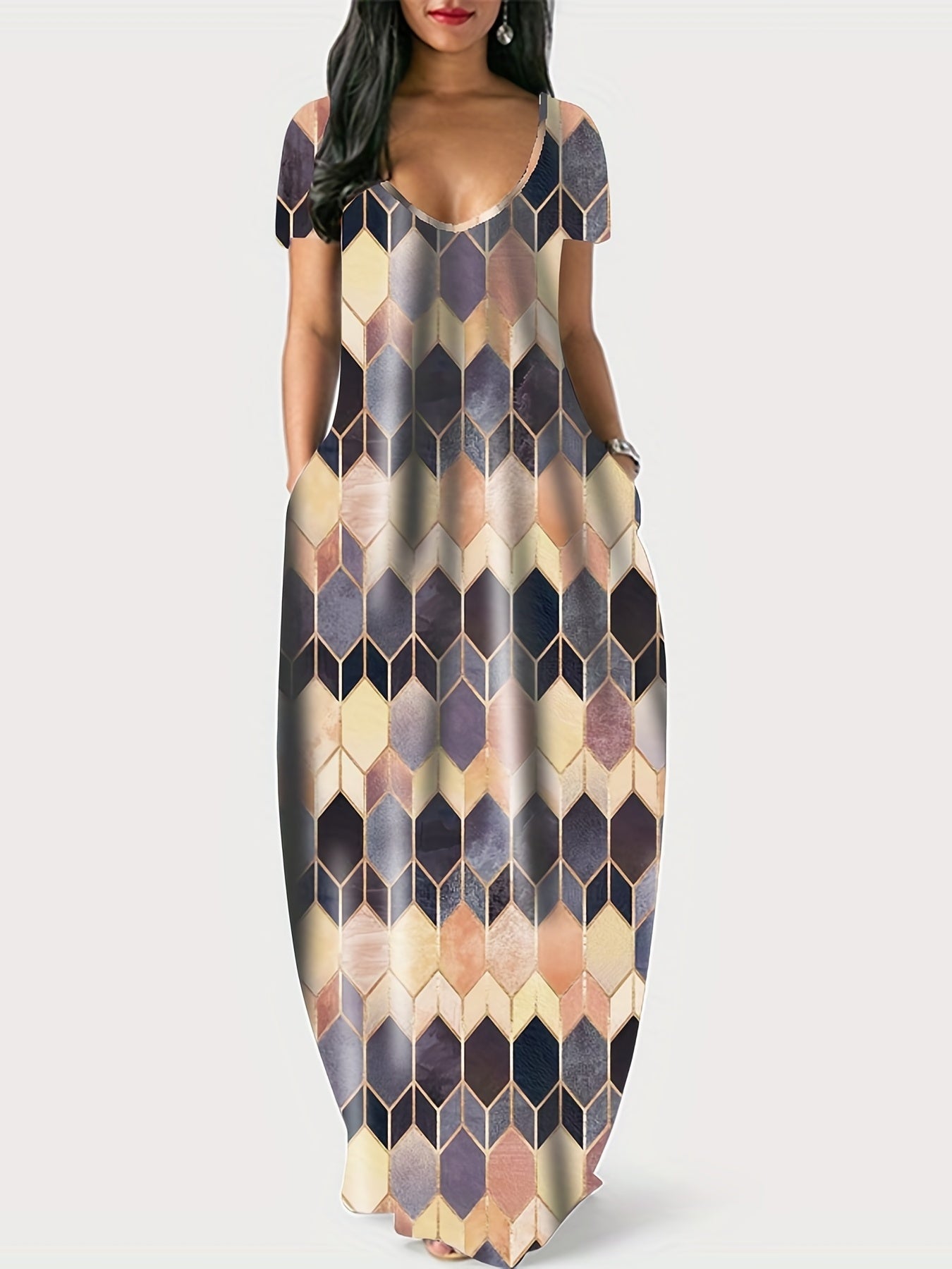 Colorblock Geometric Print V Neck Maxi Dress