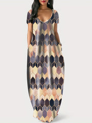 Colorblock Geometric Print V Neck Maxi Dress