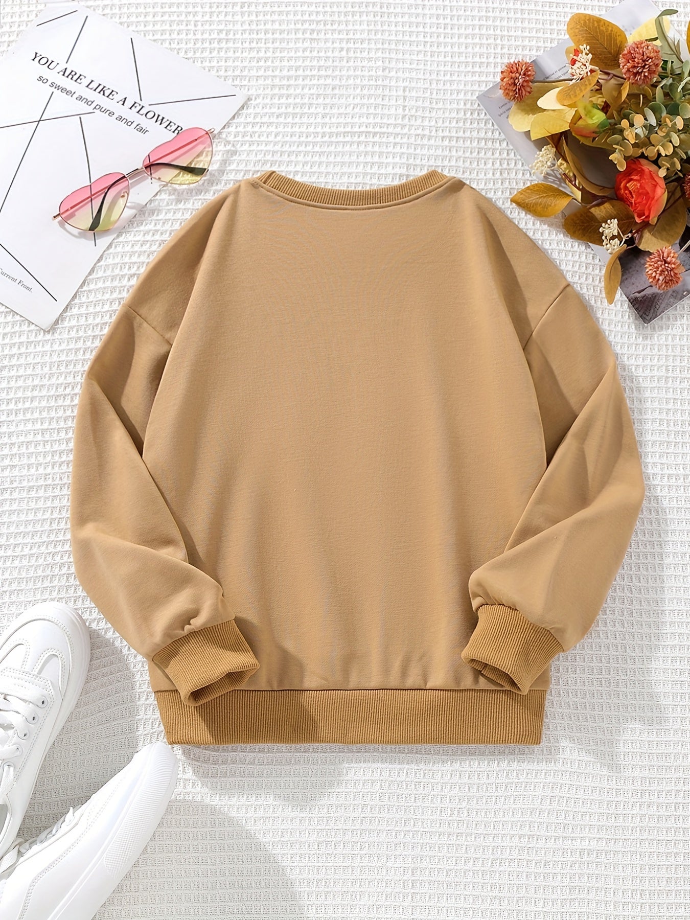 Girls Flower Embroidered Crew Neck Sweatshirt for Spring Fall