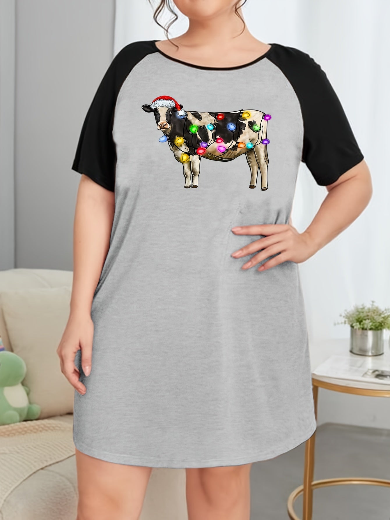 Christmas Nightdress String Lights & Cow Print Raglan Tee Sleep Dress