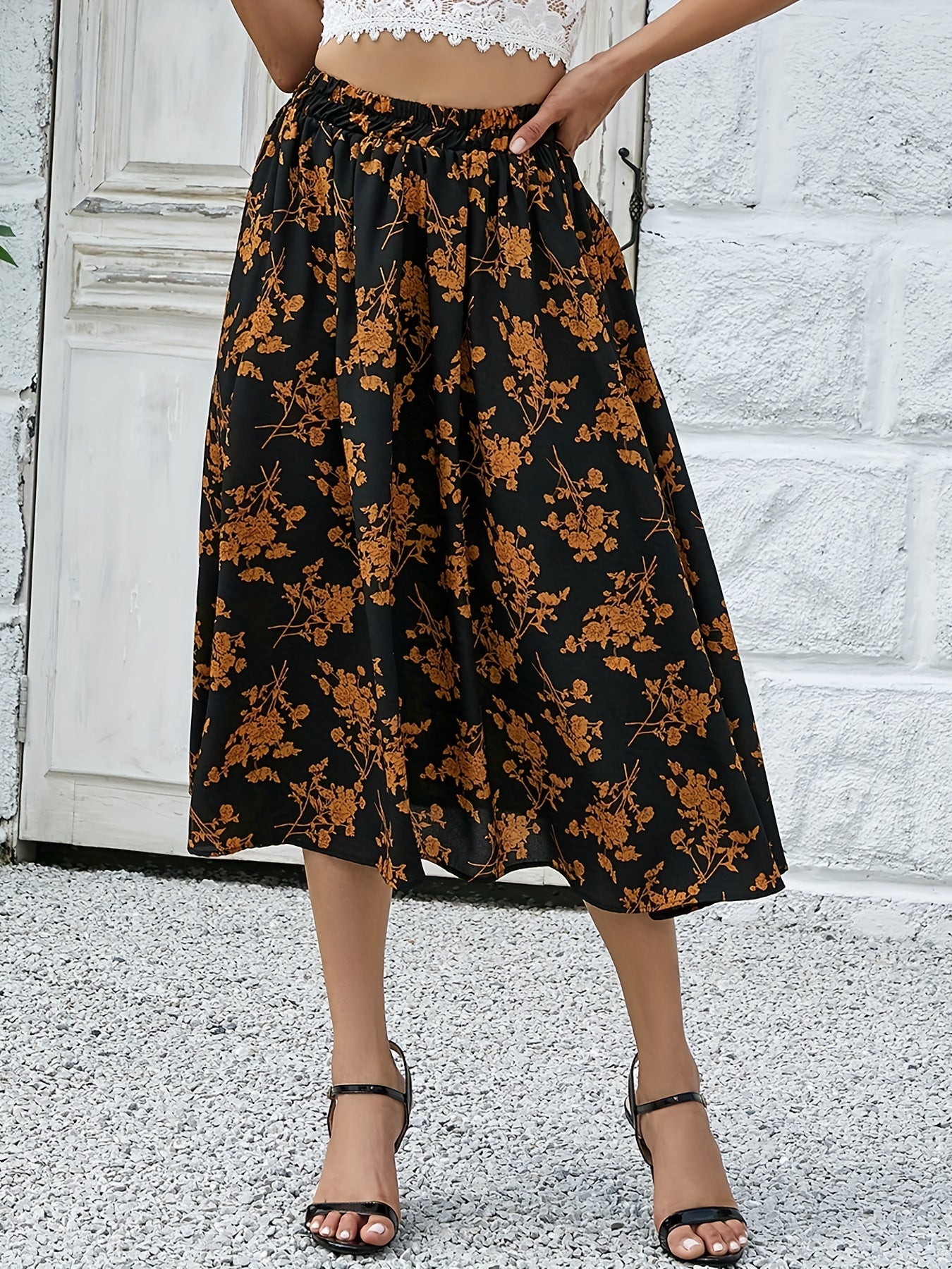 Floral Print Elastic Waist Vintage Skirt