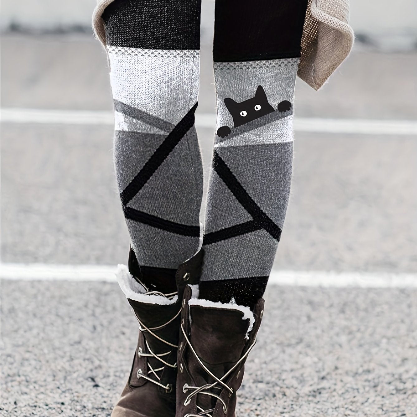 Cat & Stripe Print Skinny Leggings Casual Stretchy Leggings