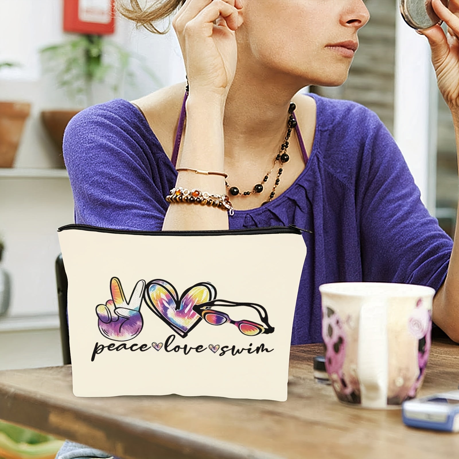 Funny Swimming Gift Peace Love Swim Makeup Bag With Zipper Swimmer Cosmetic Bag