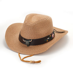 Vintage Cow Head Belt Straw Hat Cowboy Hat
