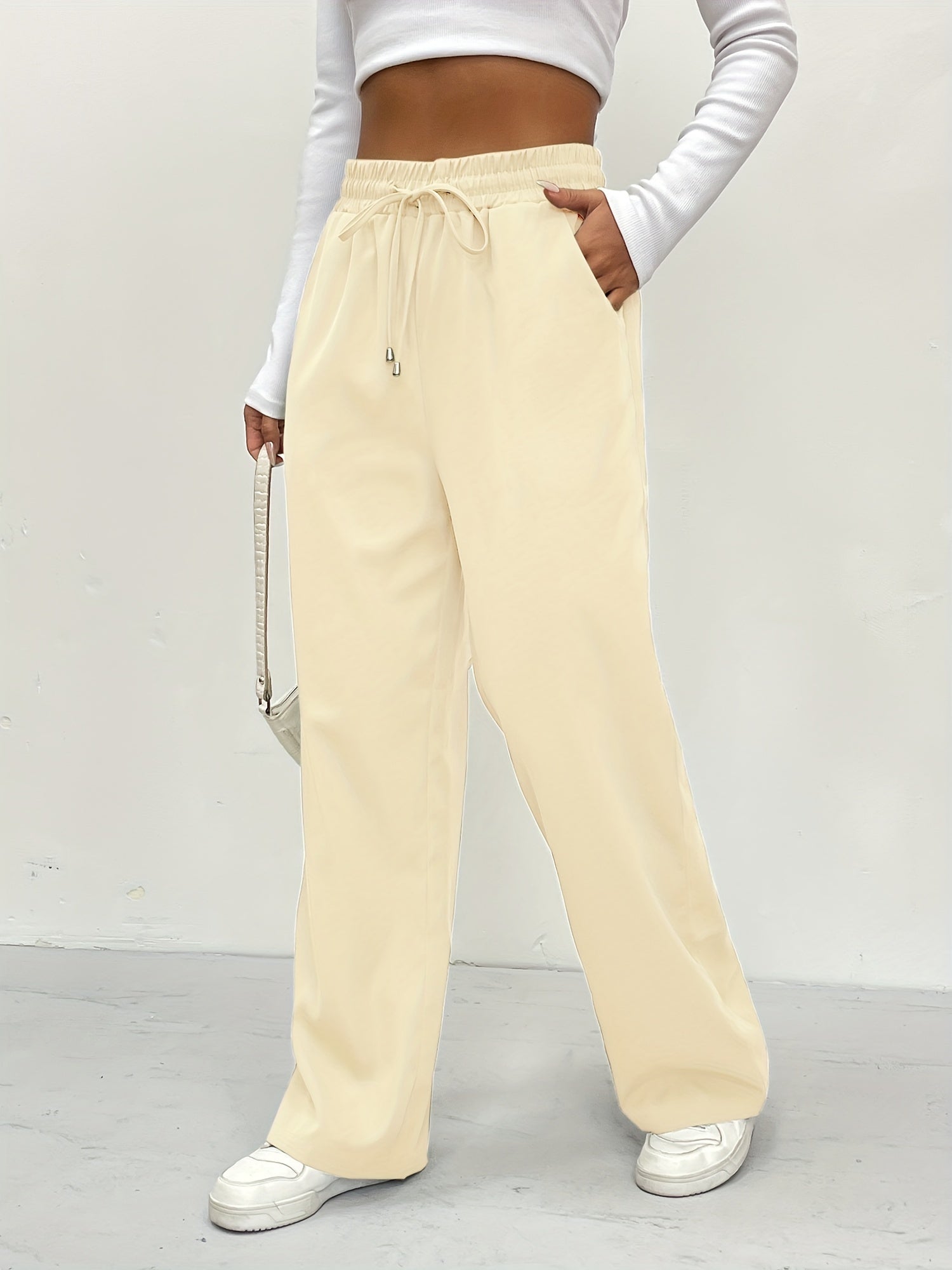 Solid Drawstring Pants Casual Wide Leg Elastic Waist Pants Women's Clothing