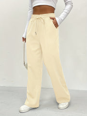 Solid Drawstring Pants Casual Wide Leg Elastic Waist Pants Women's Clothing