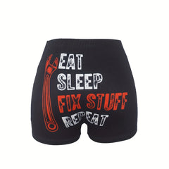 Letter & Wrench Print Skinny Shorts Casual Shorts For Spring & Summer