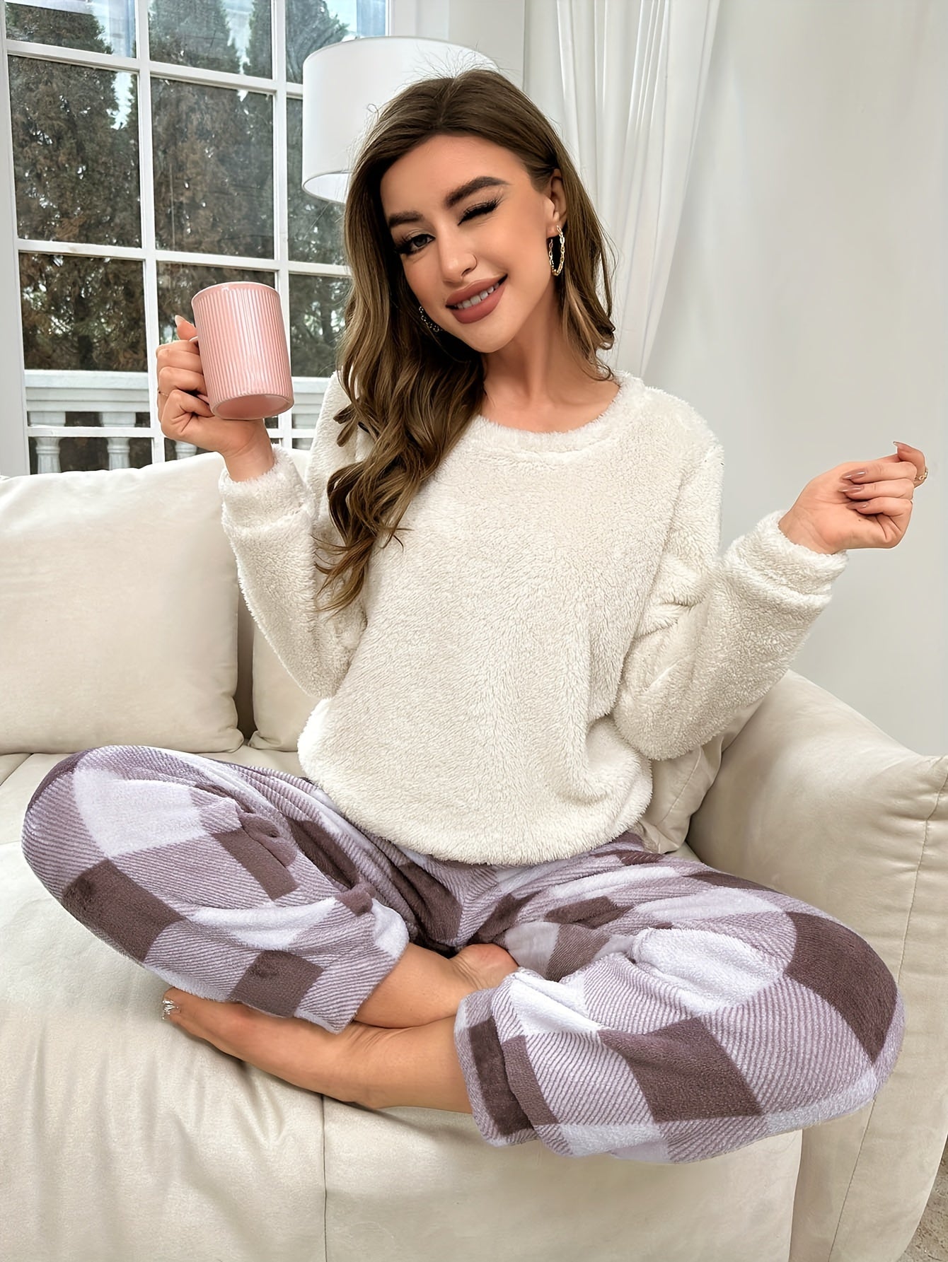Plaid Fuzzy Lounge Set Crew Neck Top & Pants Women's Loungewear