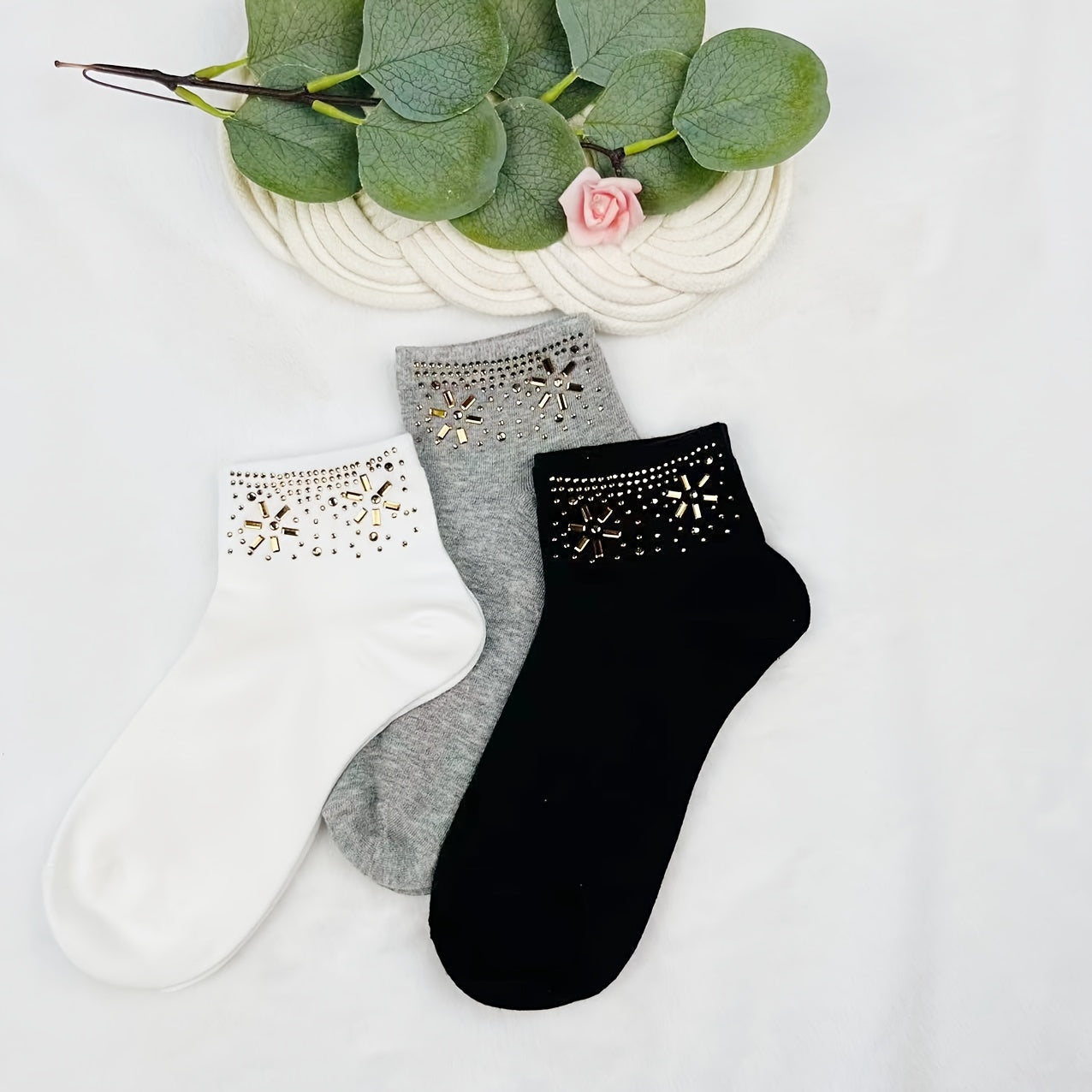 5 Pairs Rhinestone Crew Socks - Women's Stockings