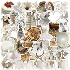 50pcs Vintage Romantic Cartoon Stickers with Floral Clocks Pearls & Statu