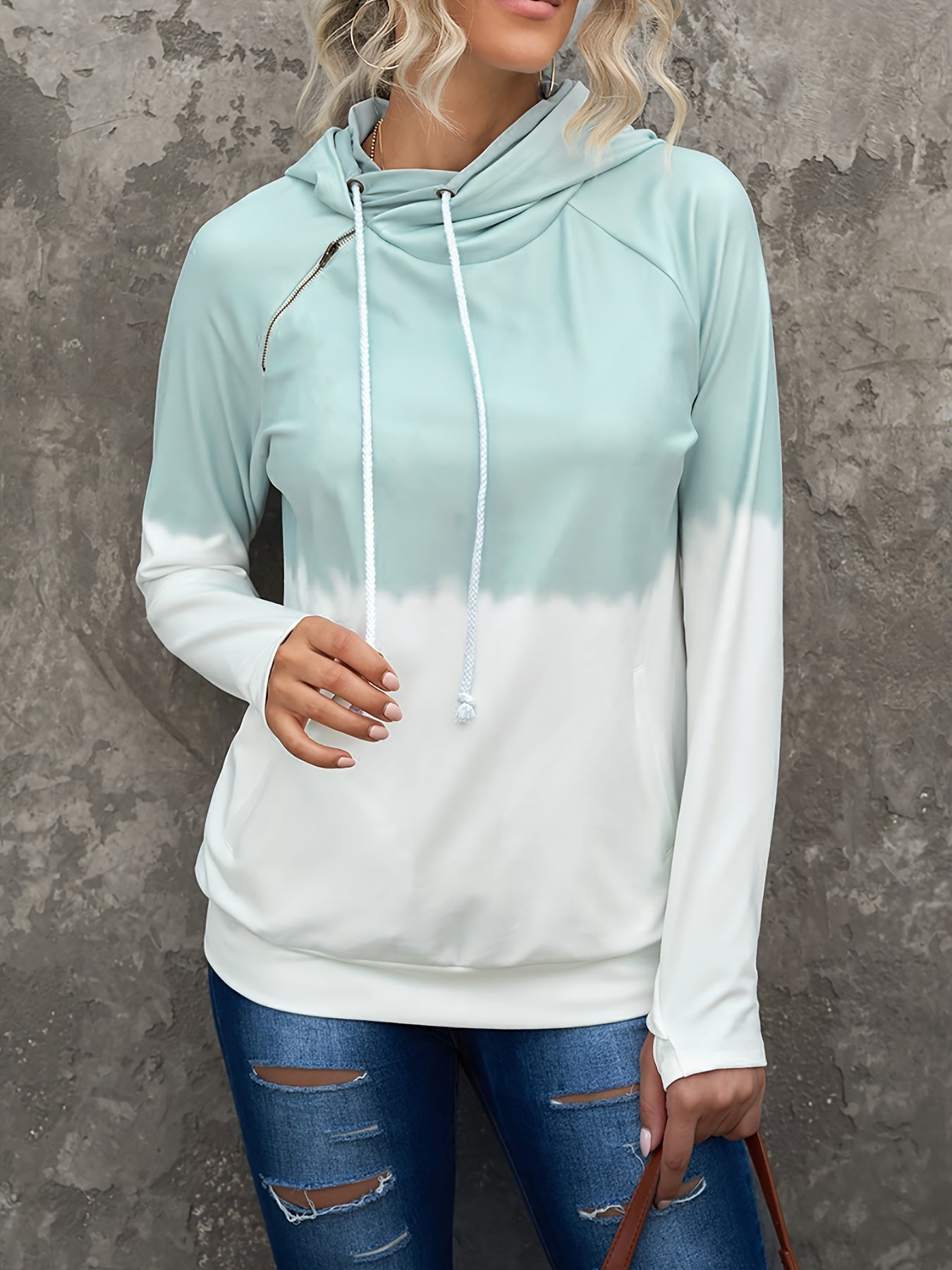 Two Tone Zipper Hooded Sweatshirt Block Pullover Top Women's Activewear