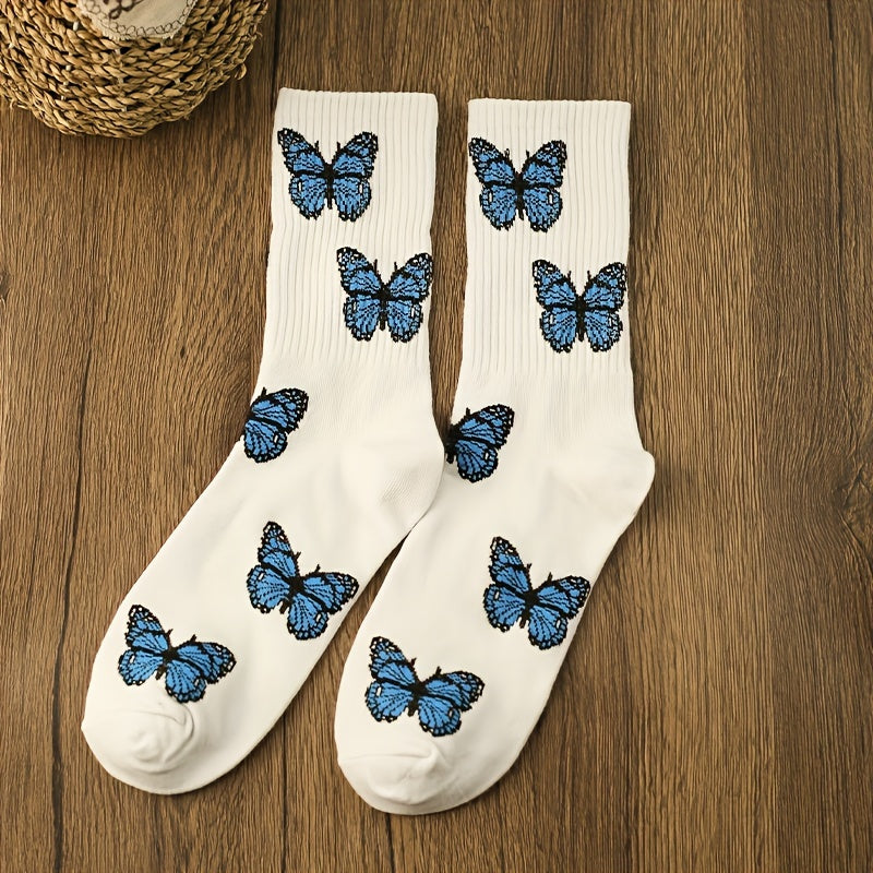 3 Pairs Butterfly Print Socks Comfy & Breathable Mid Tube Socks