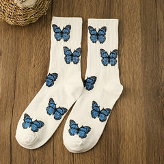 3 Pairs Butterfly Print Socks Comfy & Breathable Mid Tube Socks