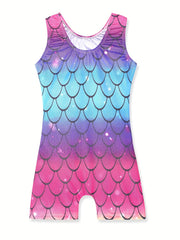 Girls Mermaid Scale Sleeveless Gymnastics Romper Leotard